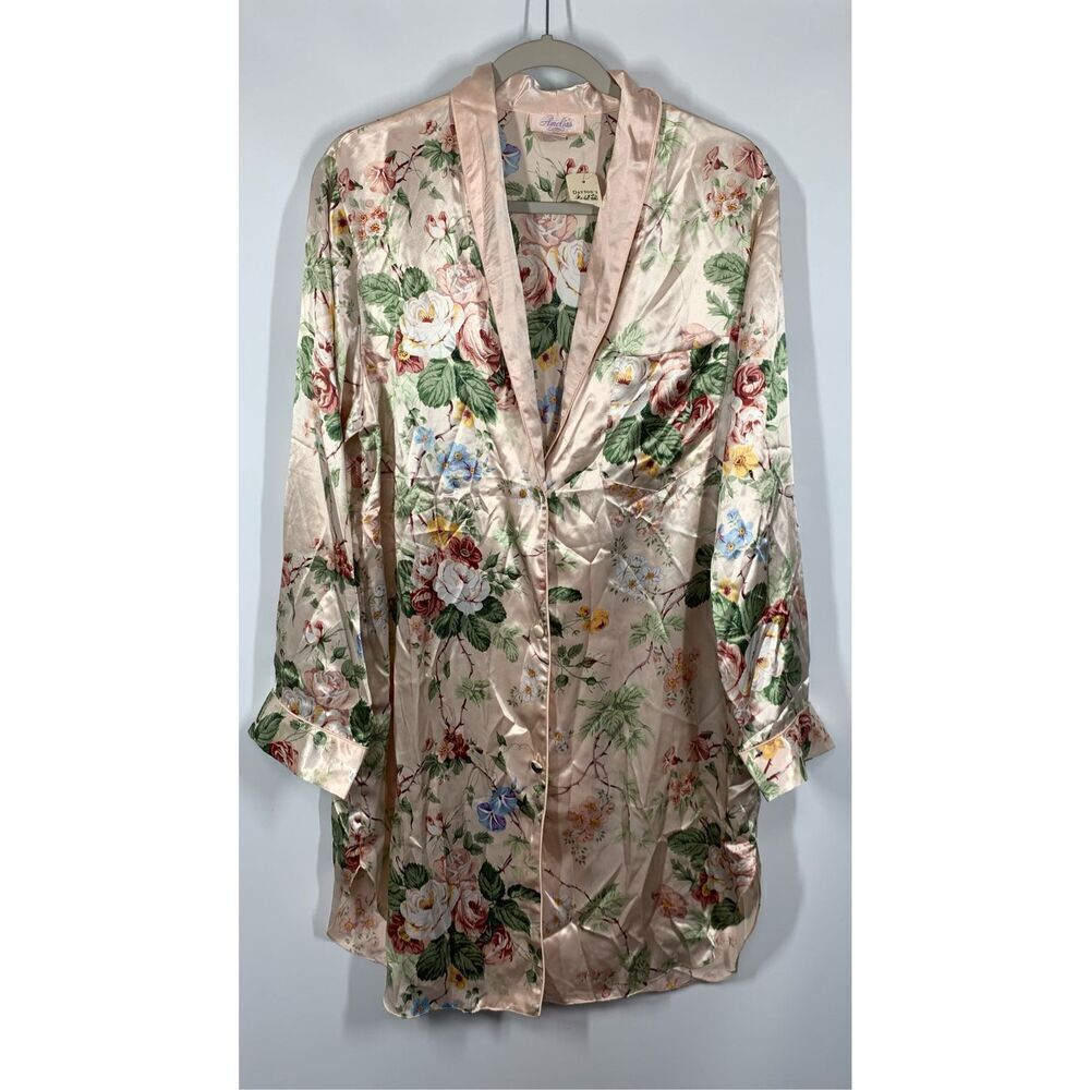 Amelia's Womens Floral Button Front Long Sleeve Satin Nightdress Multi Large NWT